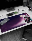 Blonde anime girl kneeling in neon fog on desk pad 40x20 inches, confident pose and web-style pinks.