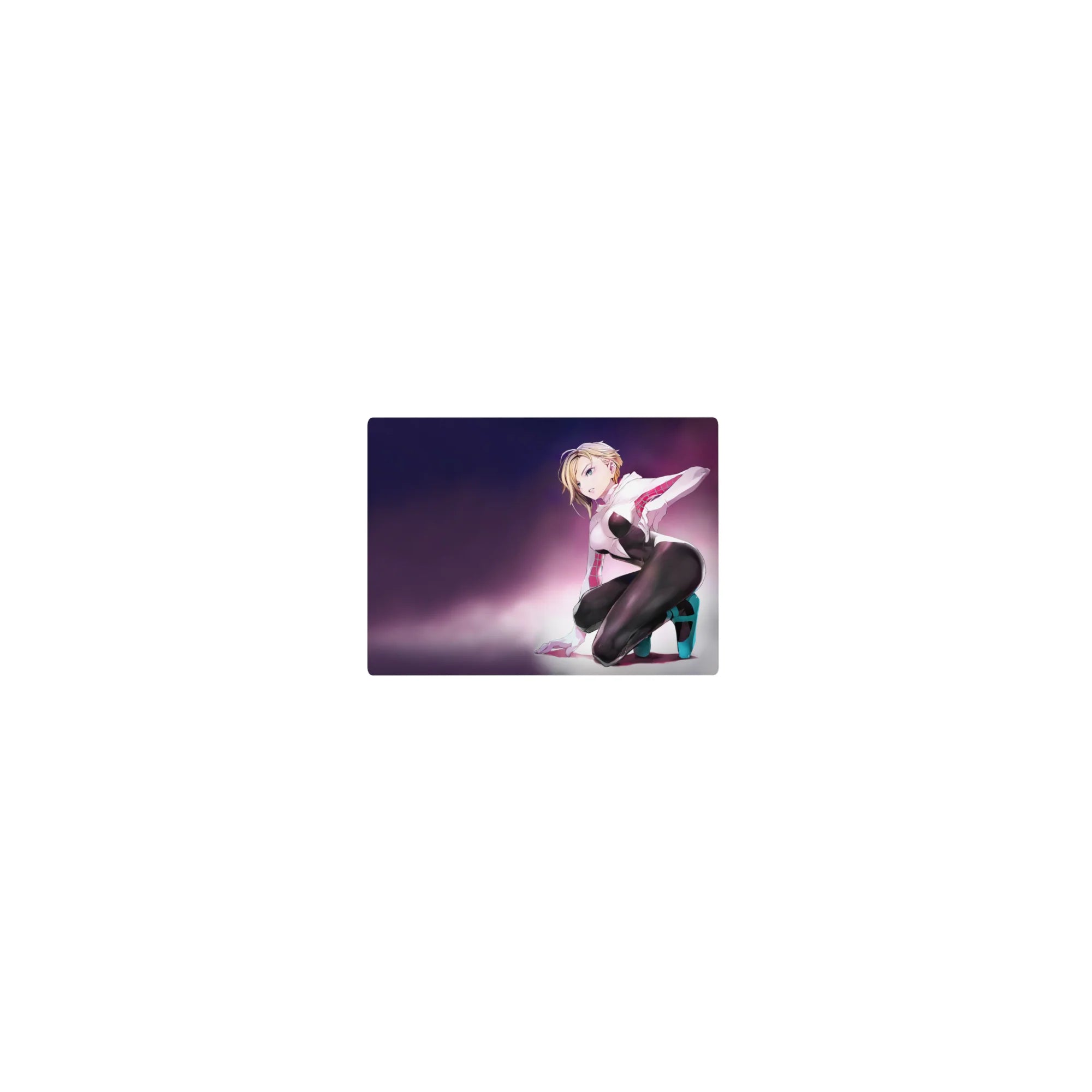 Classic anime girl mouse pad 14x10 inches with blonde kneeling in hoodie, bodysuit and teal heels.