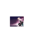 Classic anime girl mouse pad 14x10 inches with blonde kneeling in hoodie, bodysuit and teal heels.