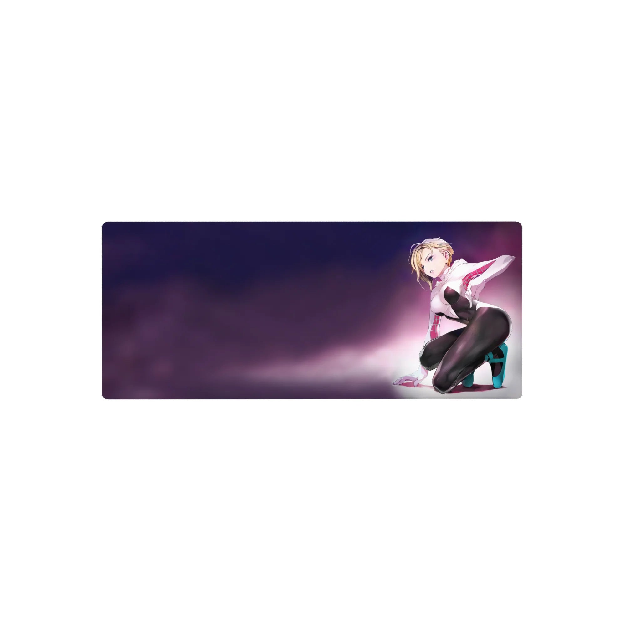Anime girl mouse pad 28x12 inches with blonde kneeling character, white hoodie, black bodysuit, teal heels.