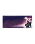 Anime girl mouse pad 28x12 inches with blonde kneeling character, white hoodie, black bodysuit, teal heels.