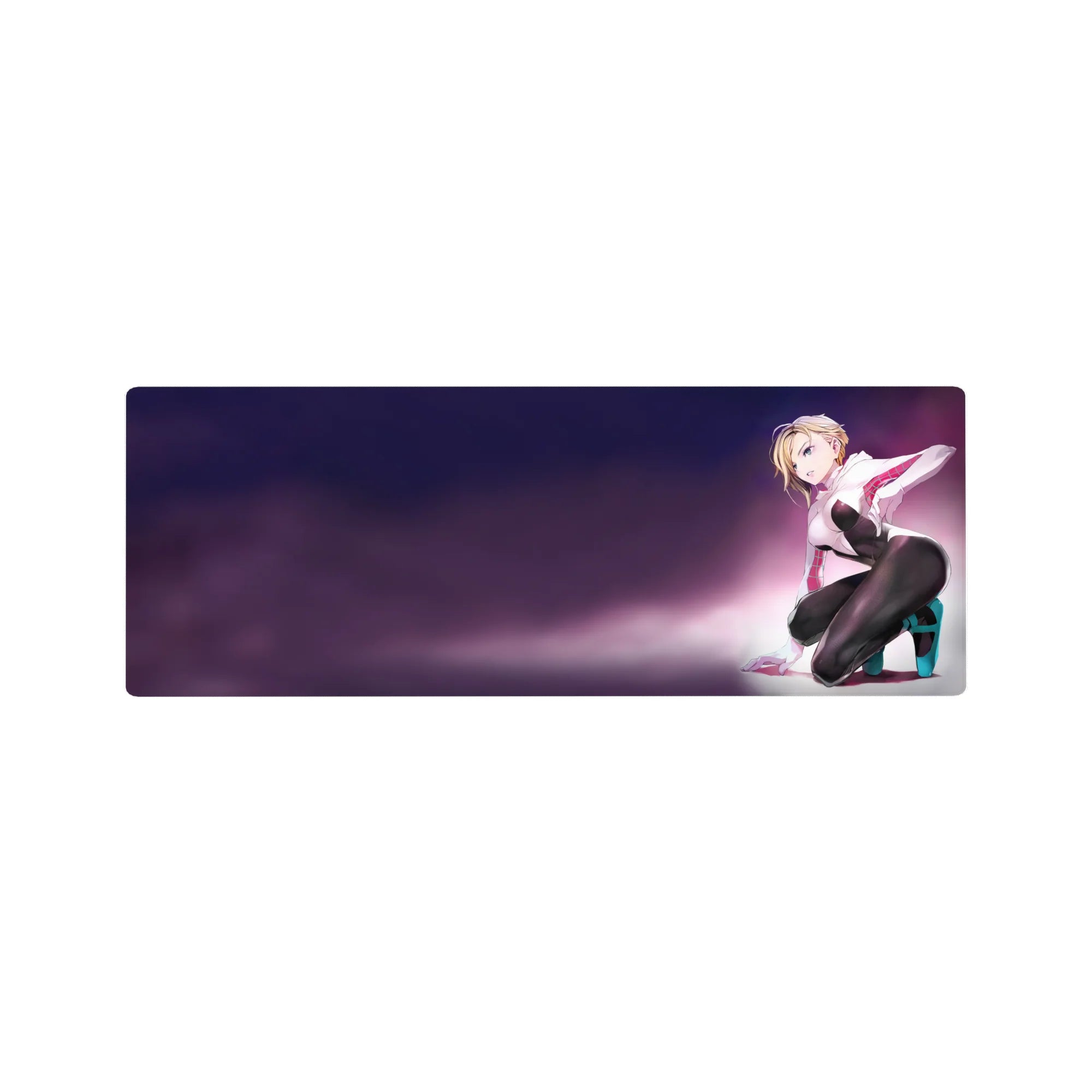 32x12 inches anime girl mouse pad with blonde kneeling girl, white hoodie, black bodysuit, teal heels.