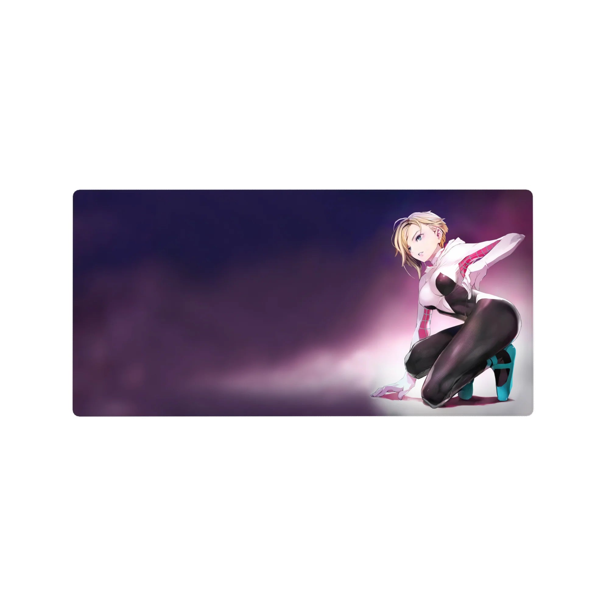 Anime girl mouse pad 32x16 inches with kneeling blonde in white hoodie, black bodysuit, teal heels.