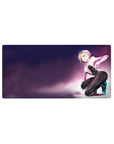 Anime girl mouse pad 32x16 inches with kneeling blonde in white hoodie, black bodysuit, teal heels.