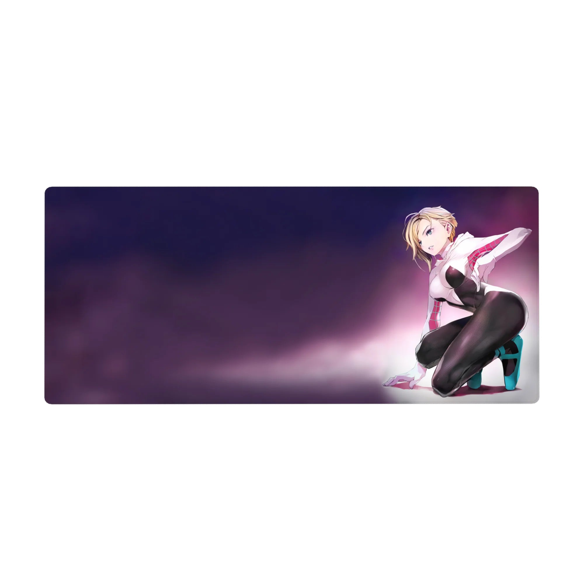 Anime girl desk pad 36x16 inches with blonde kneeling character, white hoodie, glossy bodysuit, teal heels.