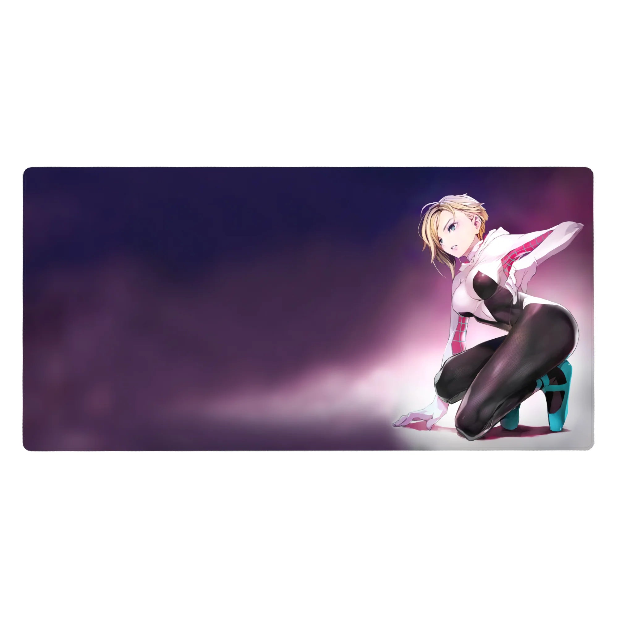 Anime girl desk pad 40x20 inches with blonde kneeling pose, white hoodie, glossy bodysuit, teal heels.