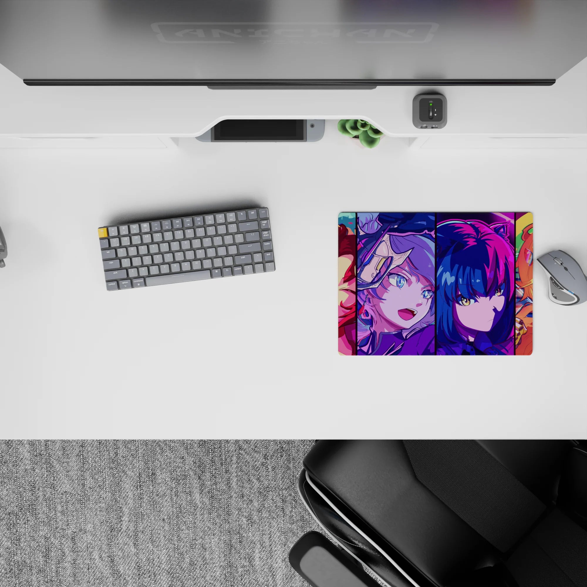 Arcade-glow anime girl mouse pad 14x10 inches in hot pink, electric blue, and sunshine gold.