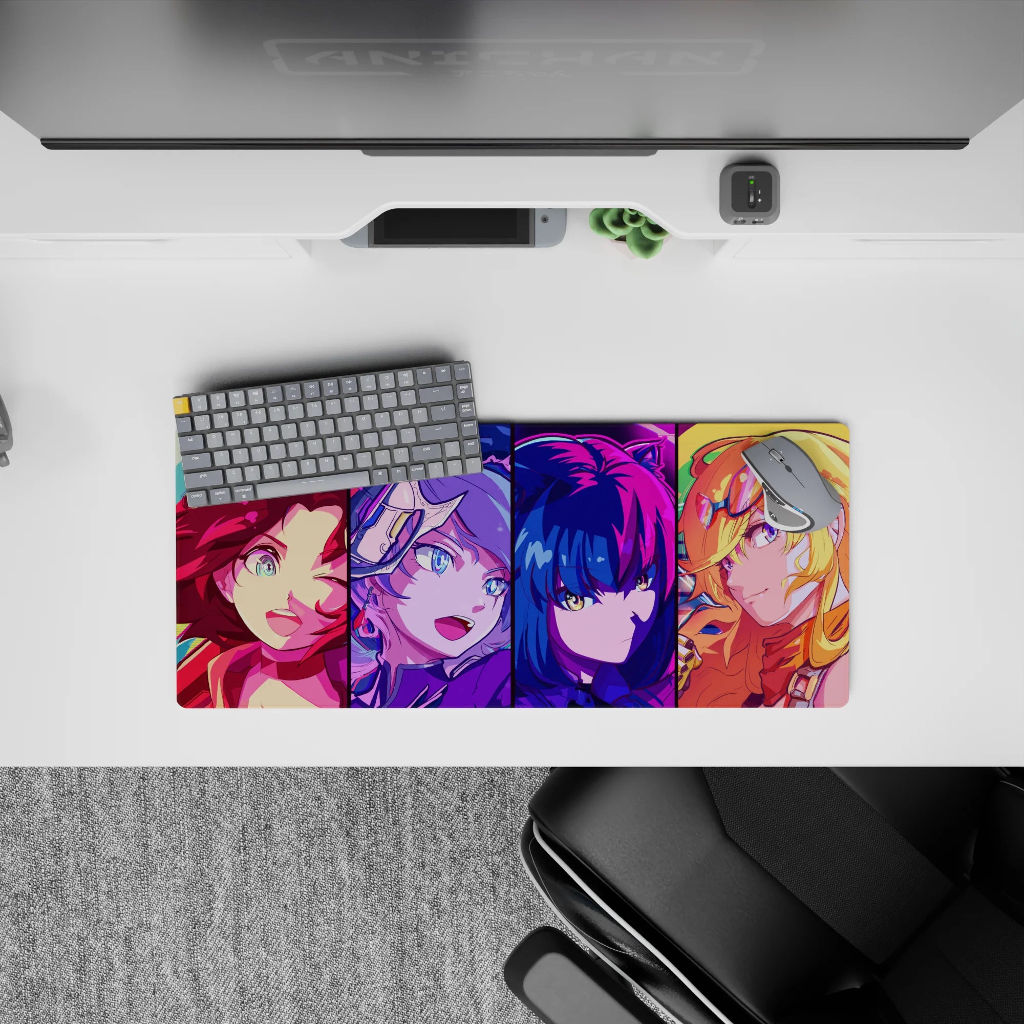 28x12 inches anime girl mouse pad in hot pink, electric blue, and sunshine gold with late-night glow.
