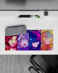28x12 inches anime girl mouse pad in hot pink, electric blue, and sunshine gold with late-night glow.