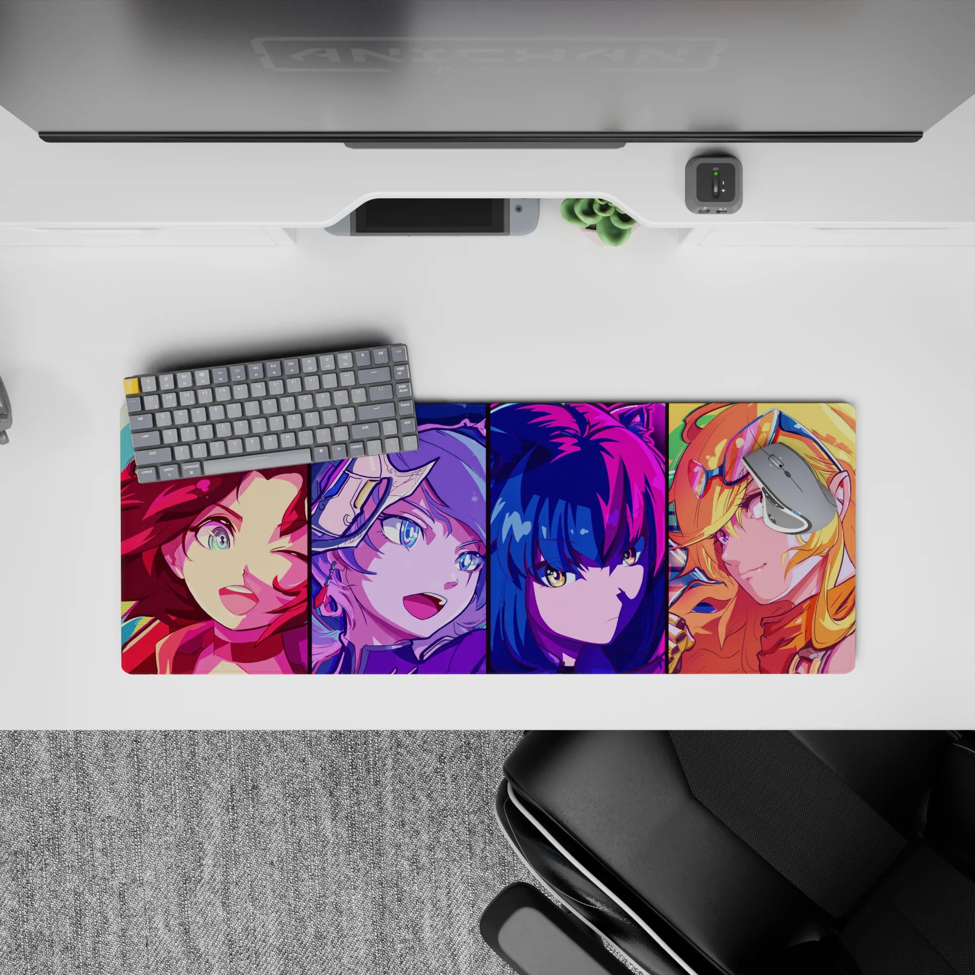 32x12 inches neon arcade glow anime mouse pad in hot pink, electric blue, and sunshine gold vibe.