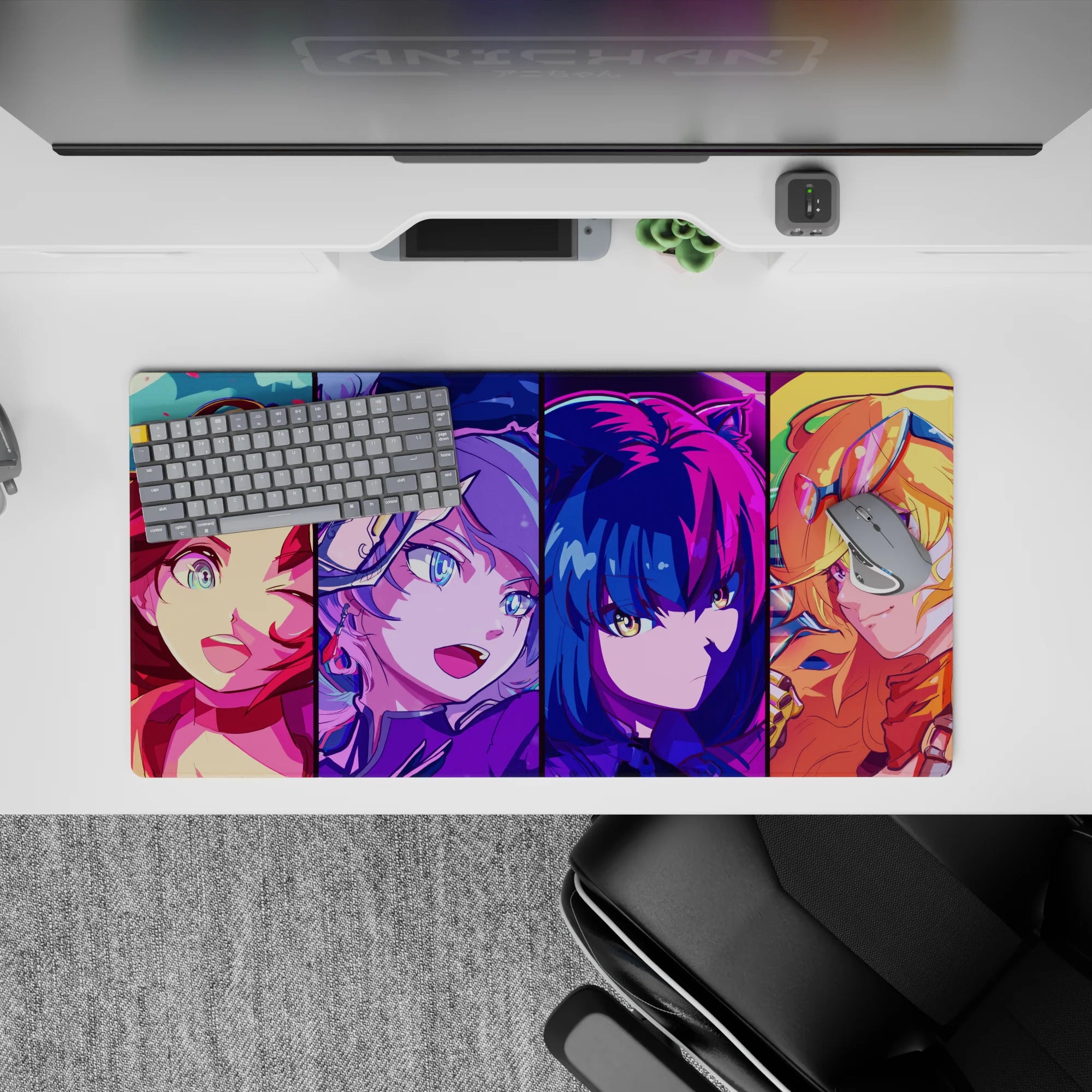 32x16 inches neon anime mouse pad in hot pink, electric blue, and gold, late-night arcade glow.