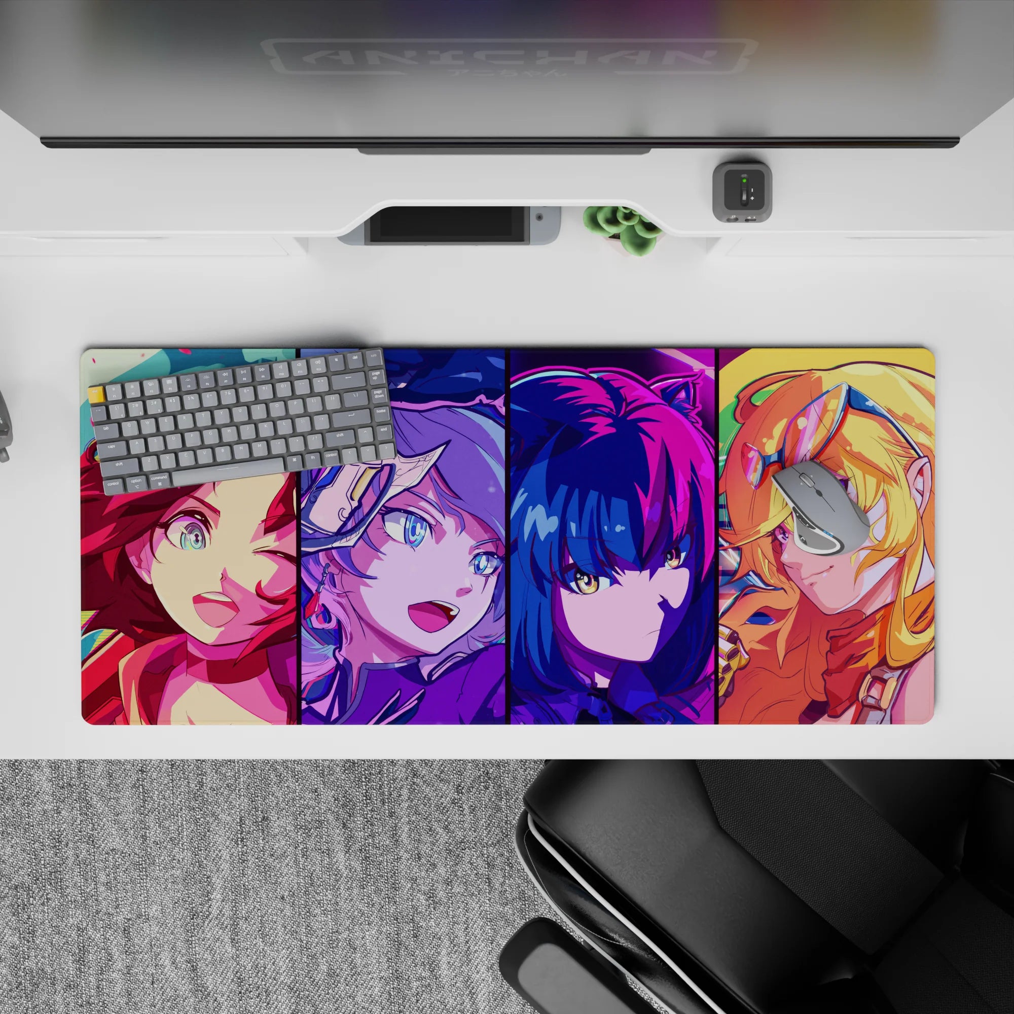 36x16 inches neon desk pad in hot pink, electric blue, and sunshine gold with late-night arcade glow.