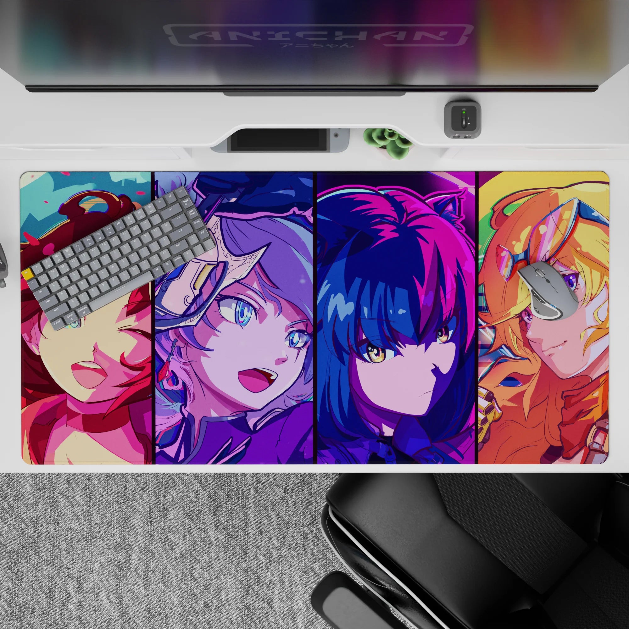 40x20 inches anime desk pad in hot pink, electric blue, and sunshine gold with late-night glow.