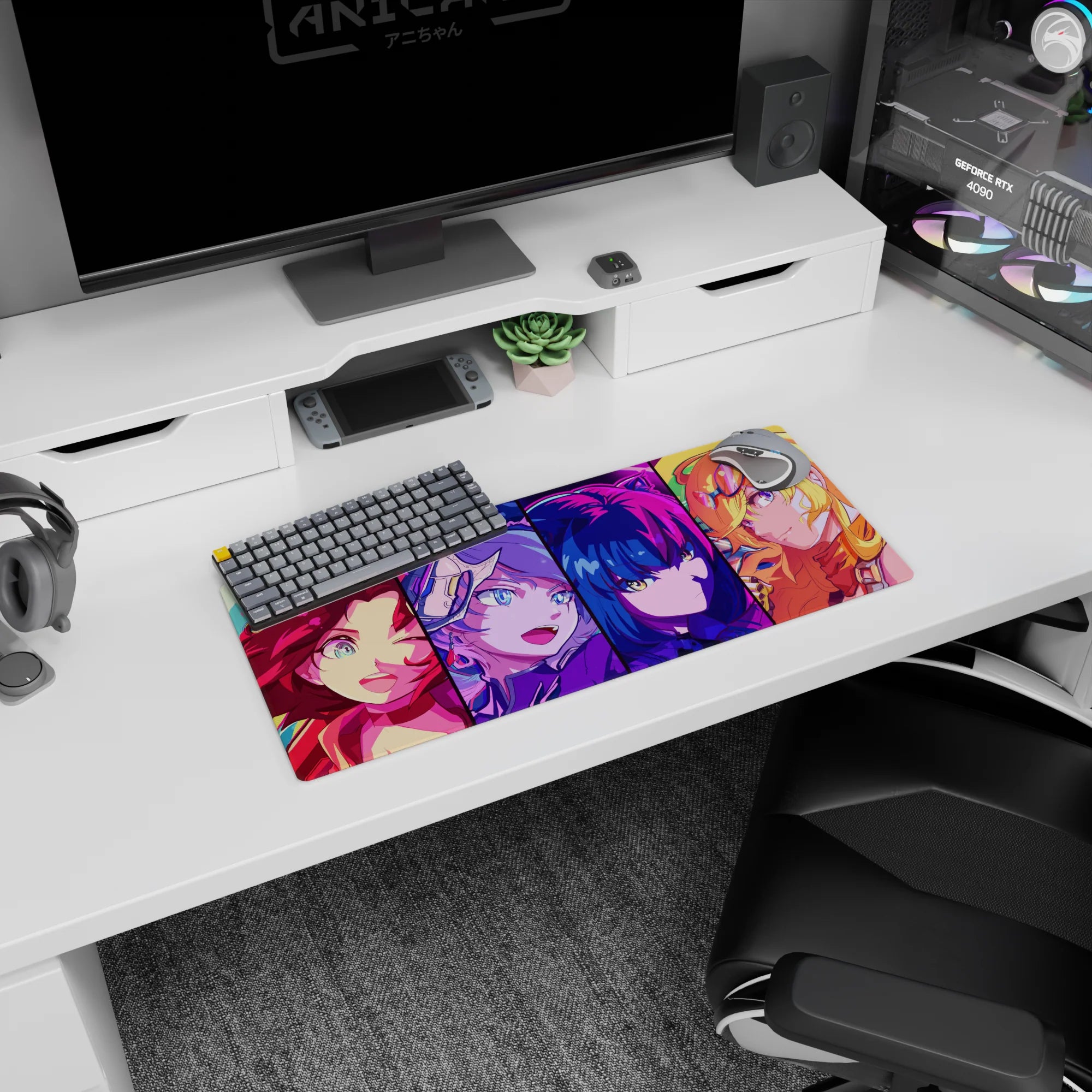 28x12 inches anime girl mouse pad showing a winking brunette and visor girl in a four-panel portrait set.