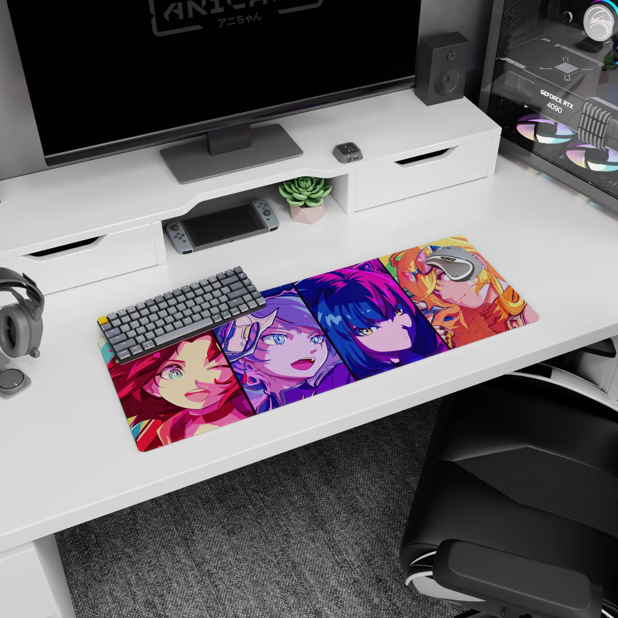 32x12 inches anime girl mouse pad showing a winking brunette, visor girl, cool blue bob, and goggle blonde.