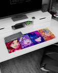 32x12 inches anime girl mouse pad showing a winking brunette, visor girl, cool blue bob, and goggle blonde.