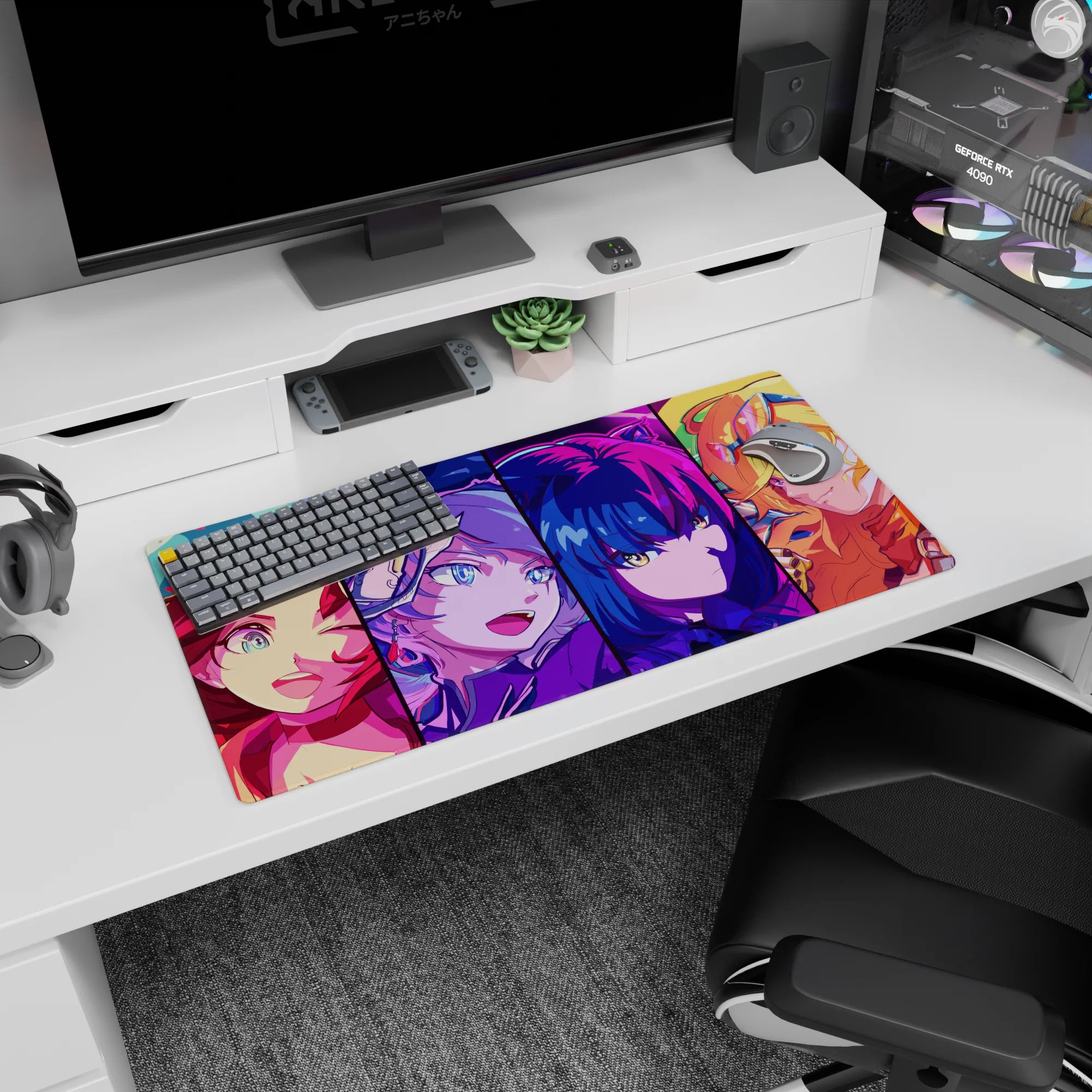 32x16 inches anime girl mouse pad featuring a winking brunette, visor grin, cool bob, and goggled blonde.
