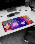 32x16 inches anime girl mouse pad featuring a winking brunette, visor grin, cool bob, and goggled blonde.