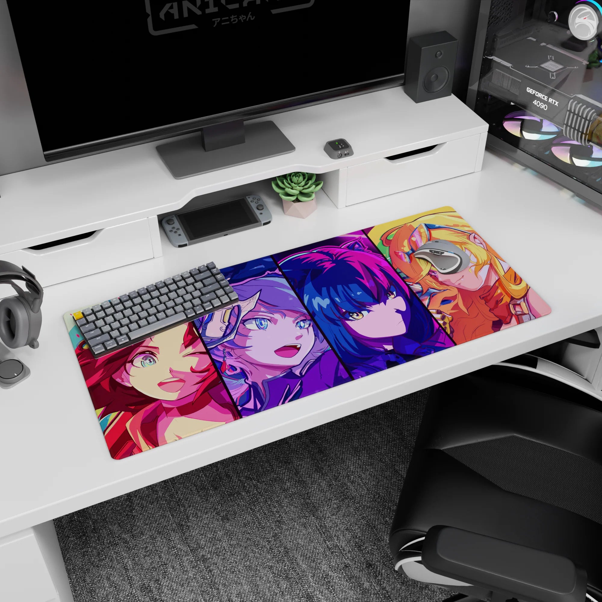 36x16 inches anime desk pad featuring a winking brunette, visor girl, cool blue-bob, and goggled blonde.