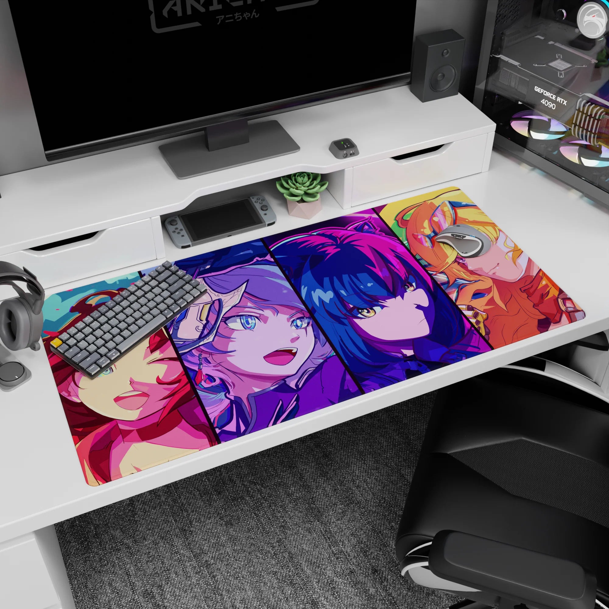 40x20 inches anime girl desk pad featuring a winking brunette, visor girl, blue bob, and goggle blonde.