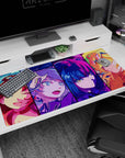 40x20 inches anime girl desk pad featuring a winking brunette, visor girl, blue bob, and goggle blonde.