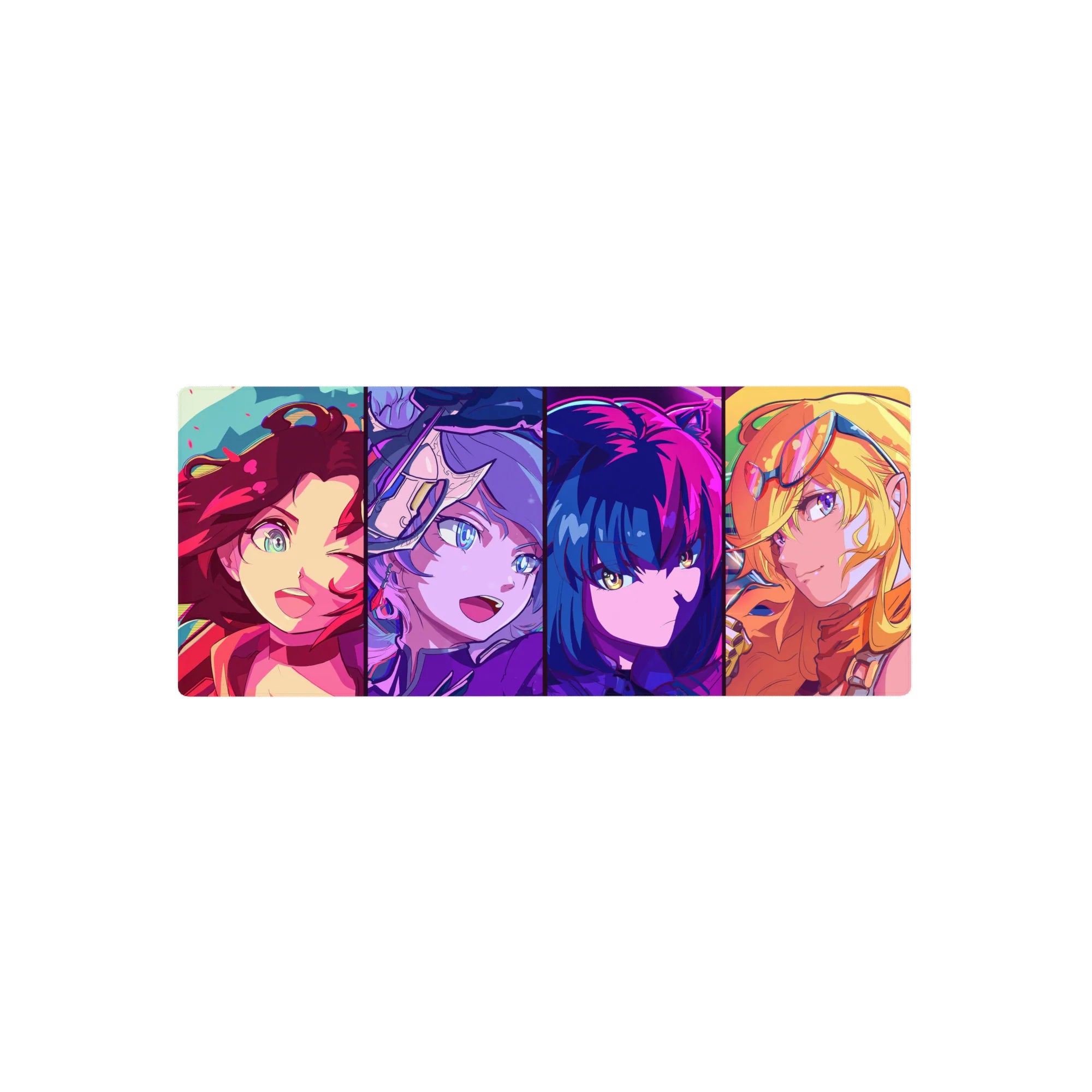 28x12 inches anime girl mouse pad with four bold portraits in crisp panel borders, arcade neon style.