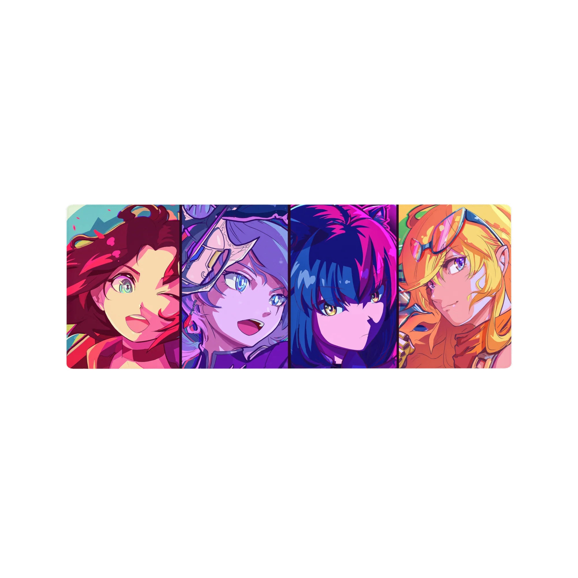 32x12 inches anime girl mouse pad with four bold portraits and crisp panel borders for a clean desk setup.