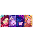 32x12 inches anime girl mouse pad with four bold portraits and crisp panel borders for a clean desk setup.
