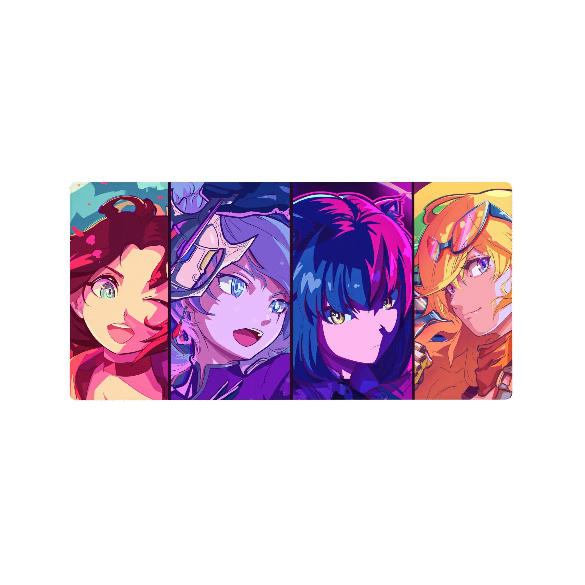 32x16 inches anime girl mouse pad with four bold portraits in clean panels, arcade-style desk mat.