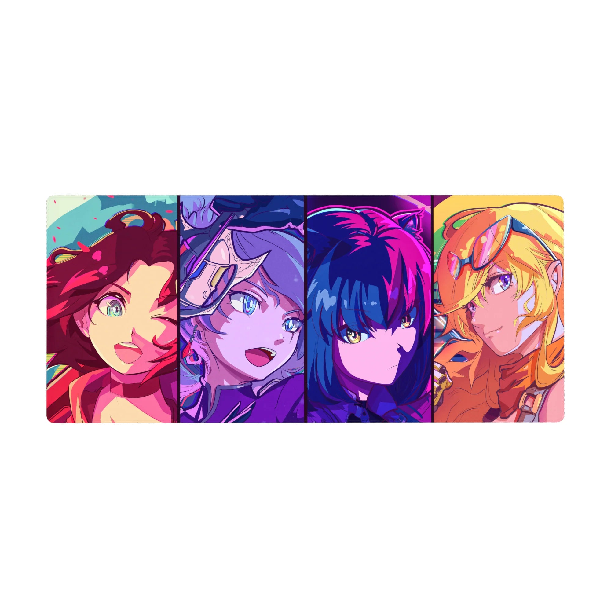 36x16 inches anime girl desk pad with four bold portraits in crisp panels, arcade-inspired style.