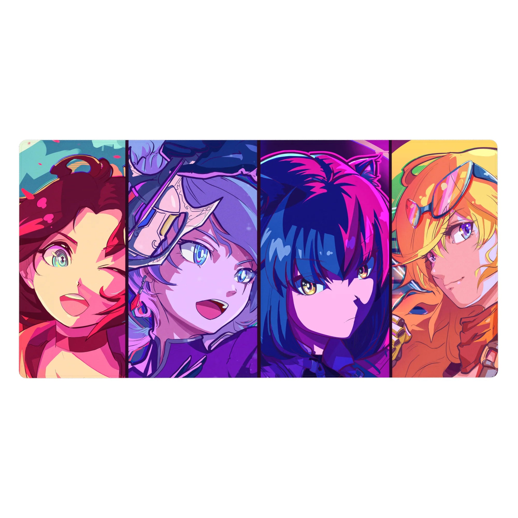 40x20 inches anime girl desk pad with four bold portraits in crisp panels, arcade neon style.