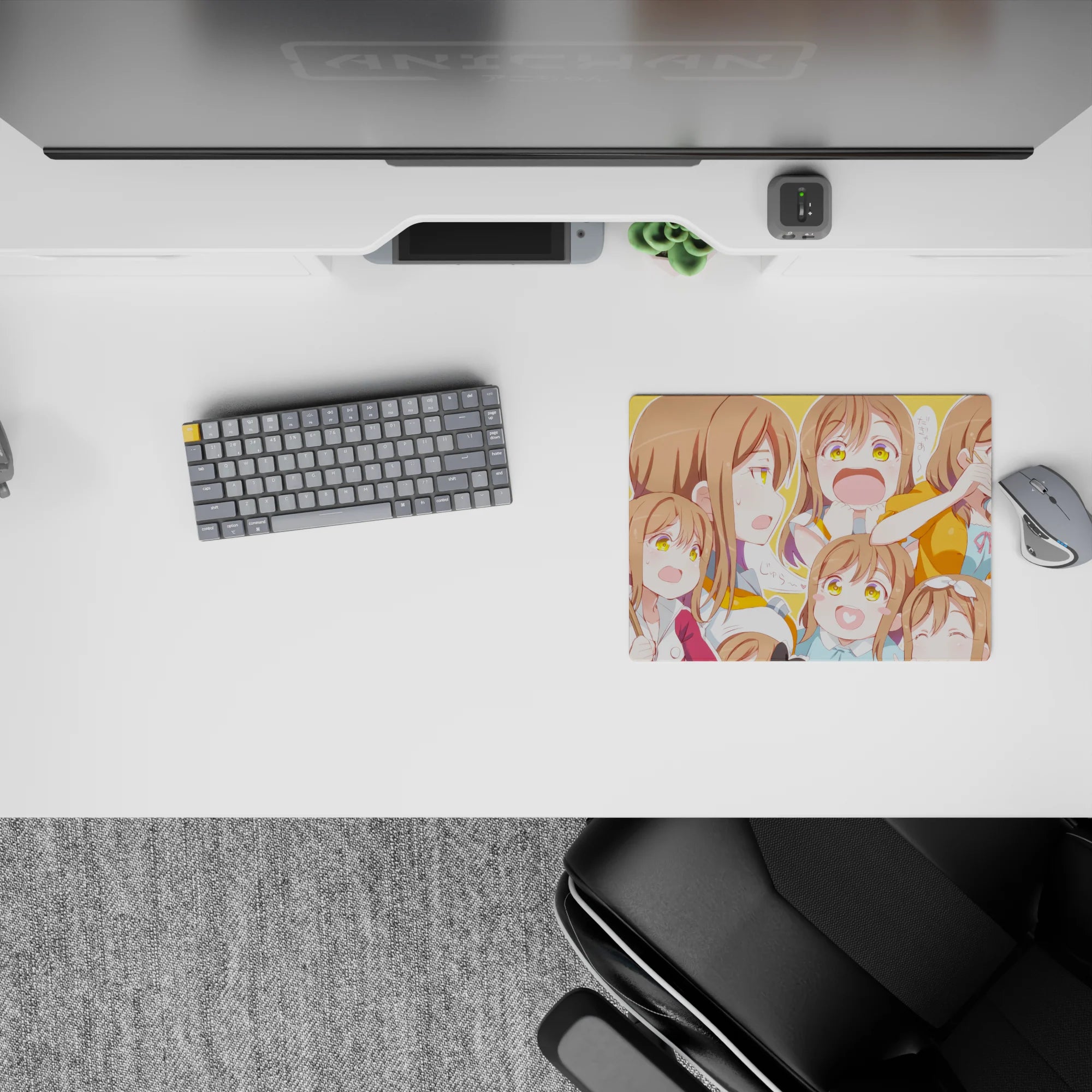 Sunshine-orange anime girl mouse pad 14x10 inches, bright cheerful vibe with warm browns and pastel tones.