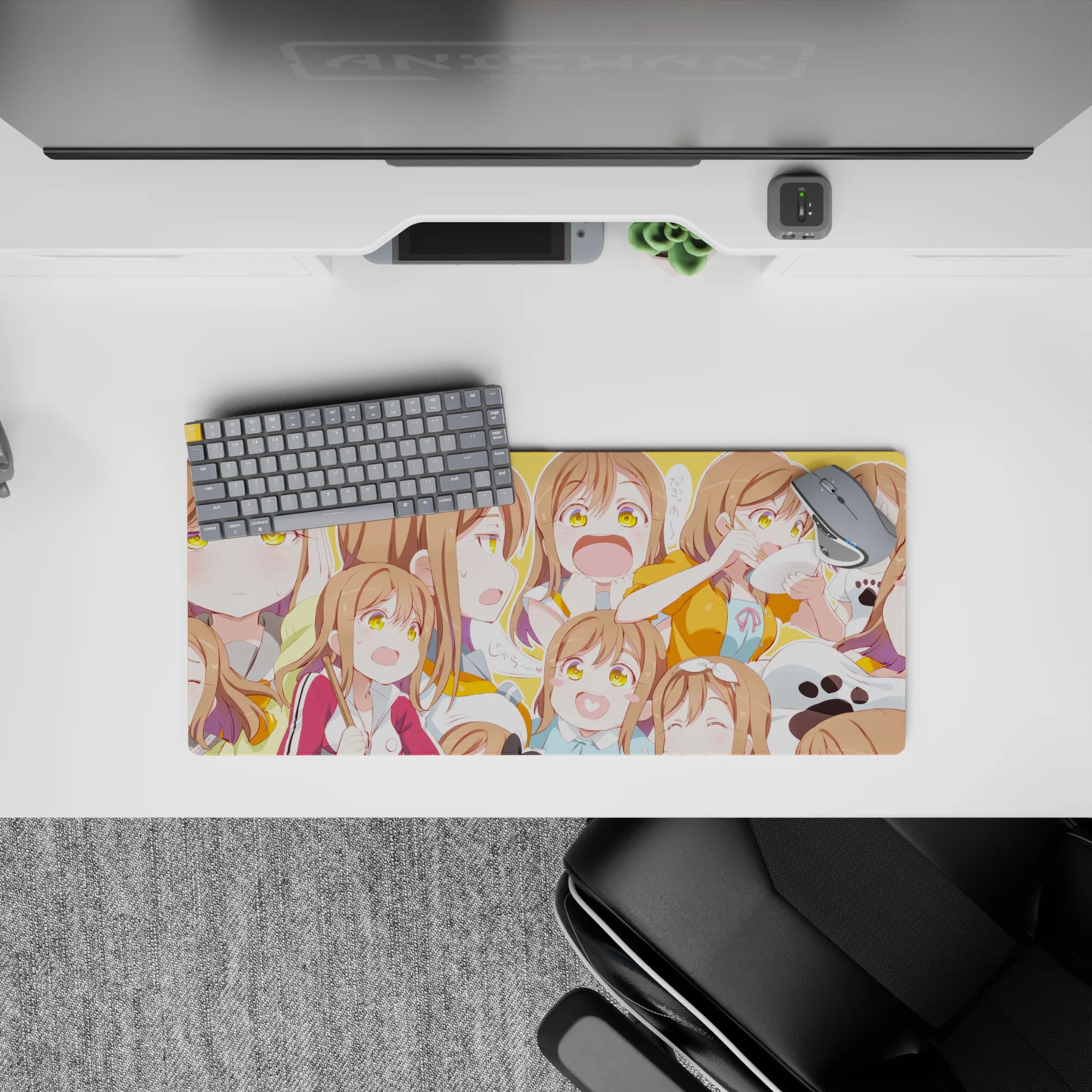 Sunshine-orange anime girl mouse pad 28x12 inches, warm and cheerful vibes with bubbly sketch accents.