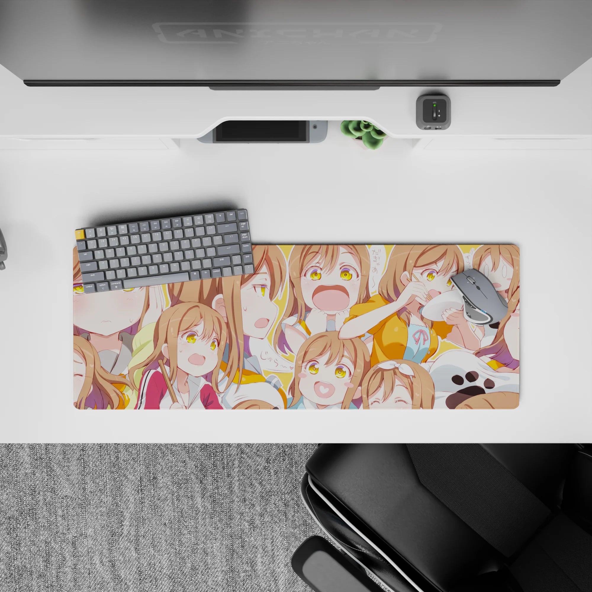 32x12 inches sunshine-orange kawaii desk mat, bright cheerful vibes with pastel top and doodles.