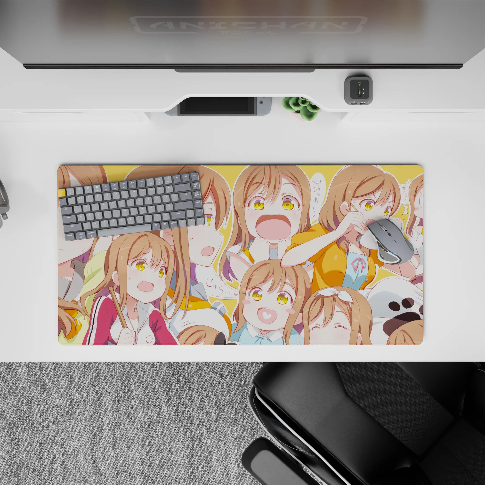 Sunshine-orange anime girl mouse pad 32x16 inches, bright cheerful vibes with pastel top and doodles.