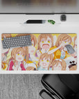 Sunshine-orange anime girl mouse pad 32x16 inches, bright cheerful vibes with pastel top and doodles.