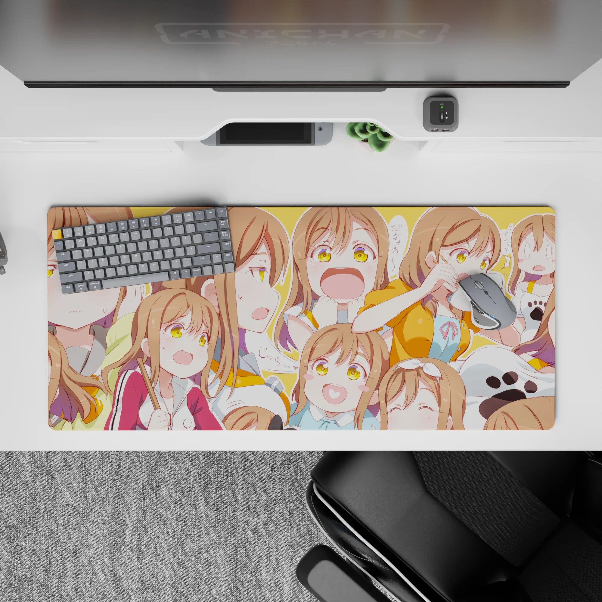 Sunny orange anime girl desk pad 36x16 inches, cheerful cozy vibe with warm brown and pastel tones.