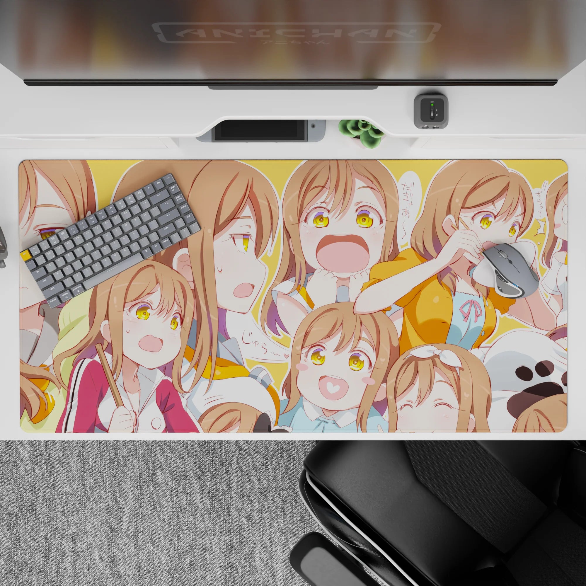 Bright sunshine-orange anime girl desk pad 40x20 inches, cheerful cozy vibes with bubbly doodles.