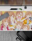 Bright sunshine-orange anime girl desk pad 40x20 inches, cheerful cozy vibes with bubbly doodles.