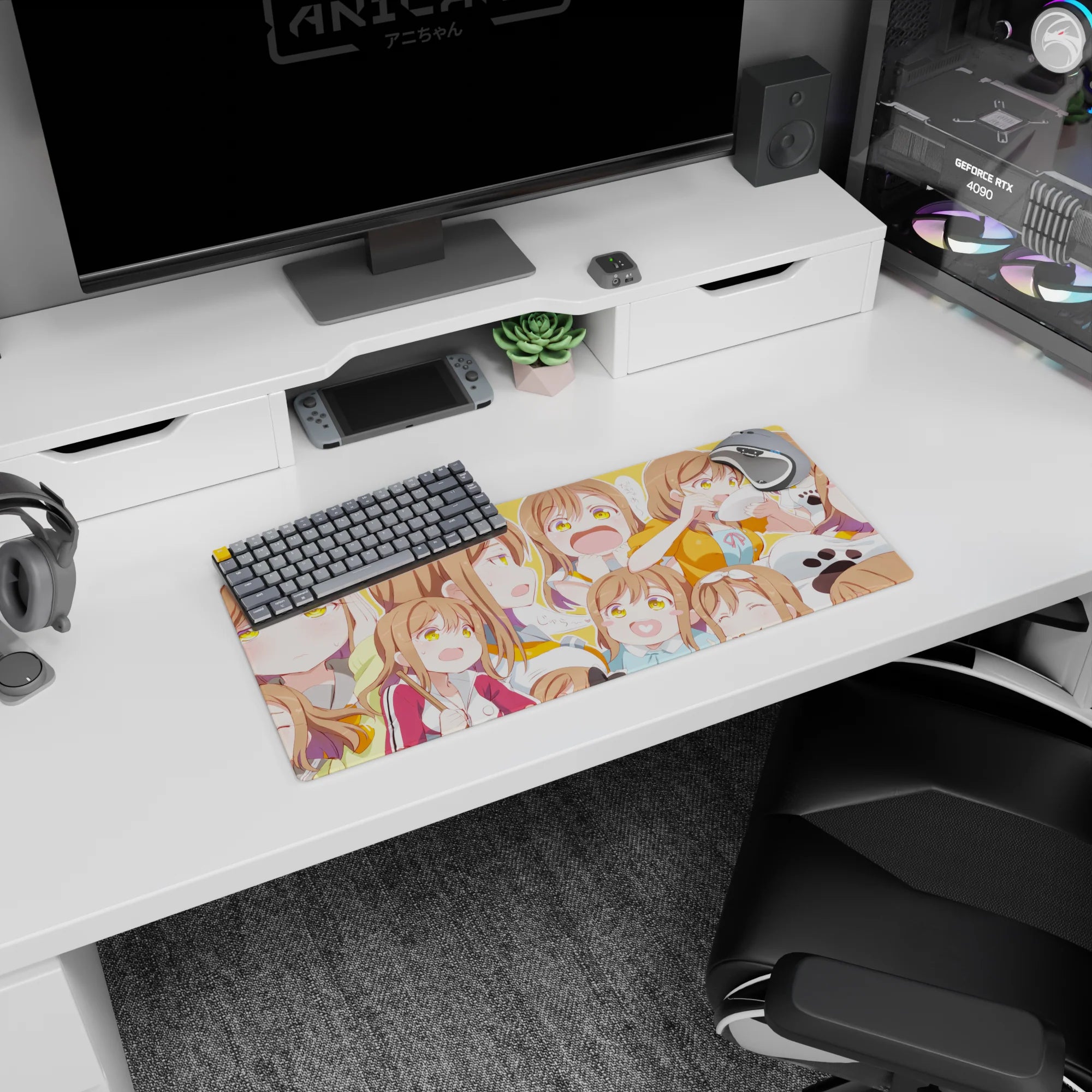 28x12 inches anime girl mouse pad featuring brown-haired, golden-eyed girl snacking, blushing, and smiling.