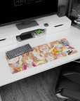 32x12 inches mouse pad featuring brown-haired, golden-eyed anime girl popping through shy and snack poses.