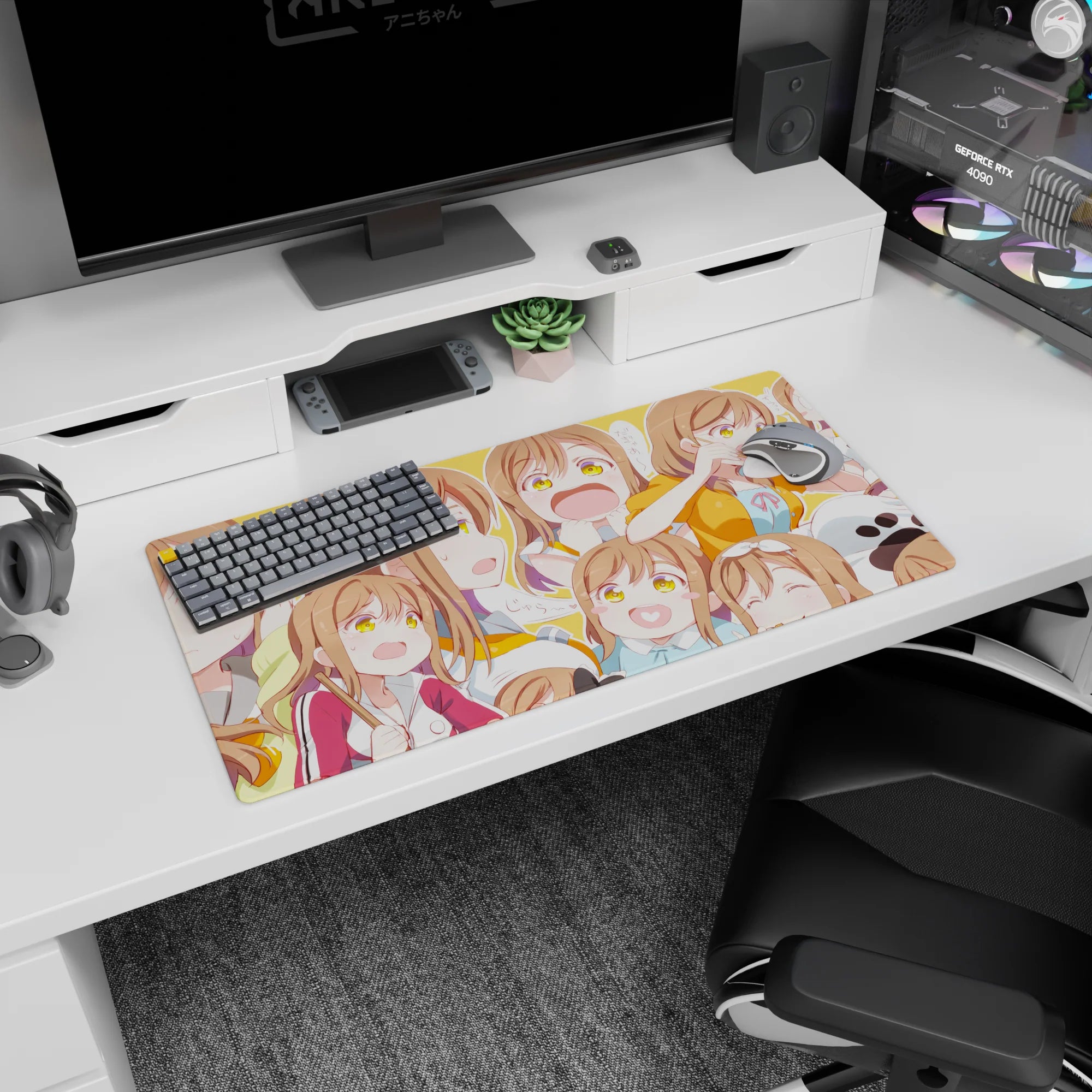 Brown-haired, golden-eyed anime girl mouse pad 32x16 inches, blushing and snacking in mood panels.