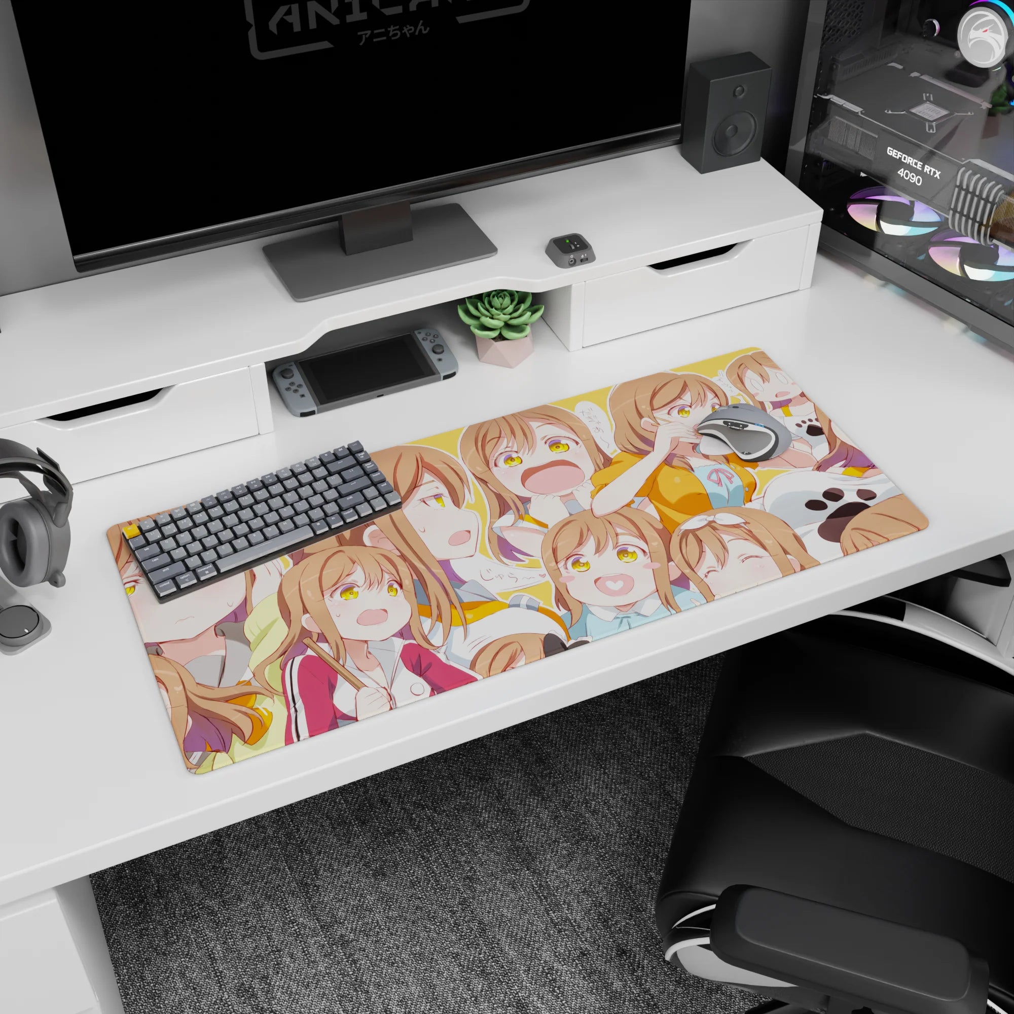 Golden-eyed brown-haired anime girl desk pad 36x16 inches, blushing, squealing, snacking in panels.