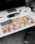 Golden-eyed brown-haired anime girl desk pad 36x16 inches, blushing, squealing, snacking in panels.