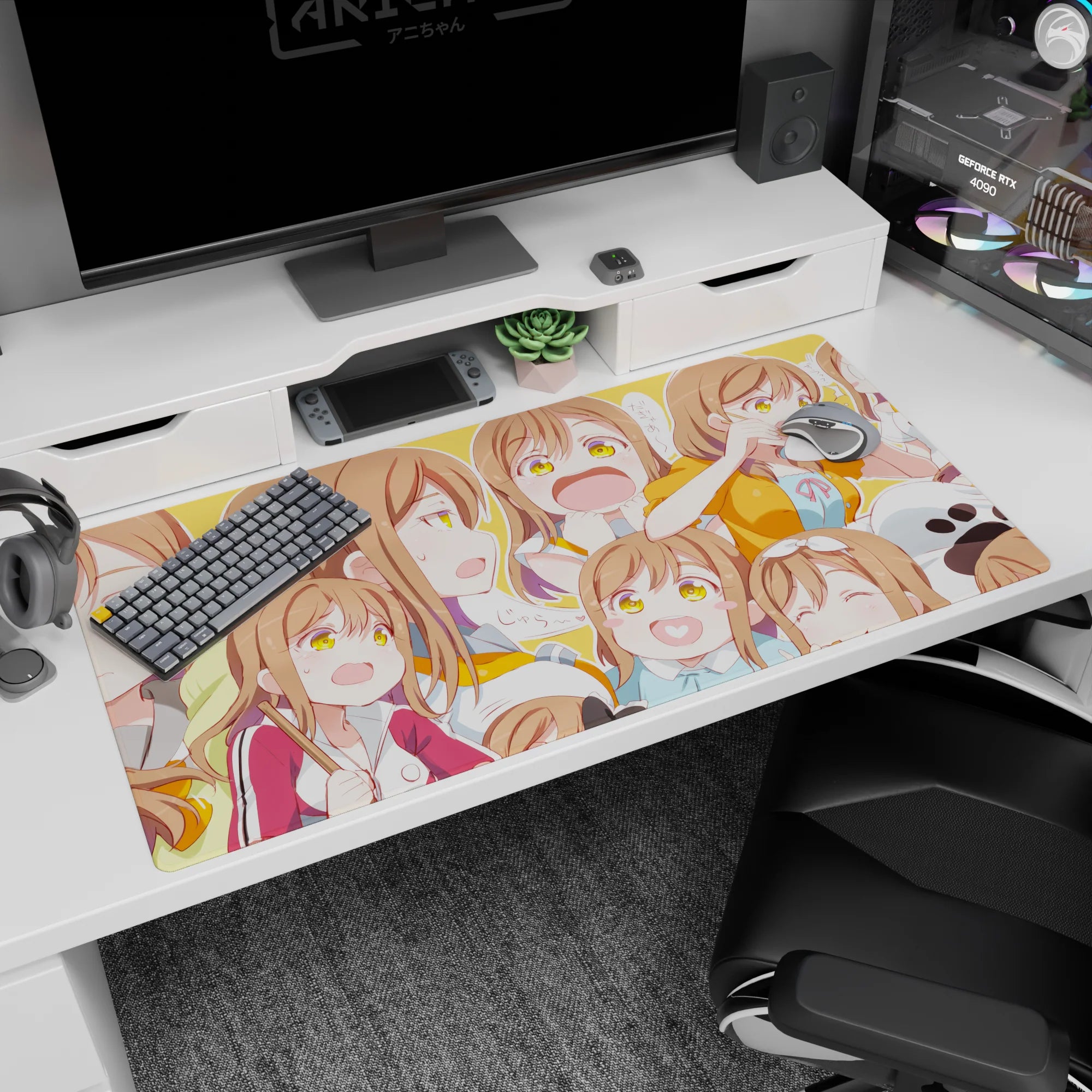 Brown-haired, golden-eyed anime girl popping through moods on desk pad 40x20 inches, snack and blush.