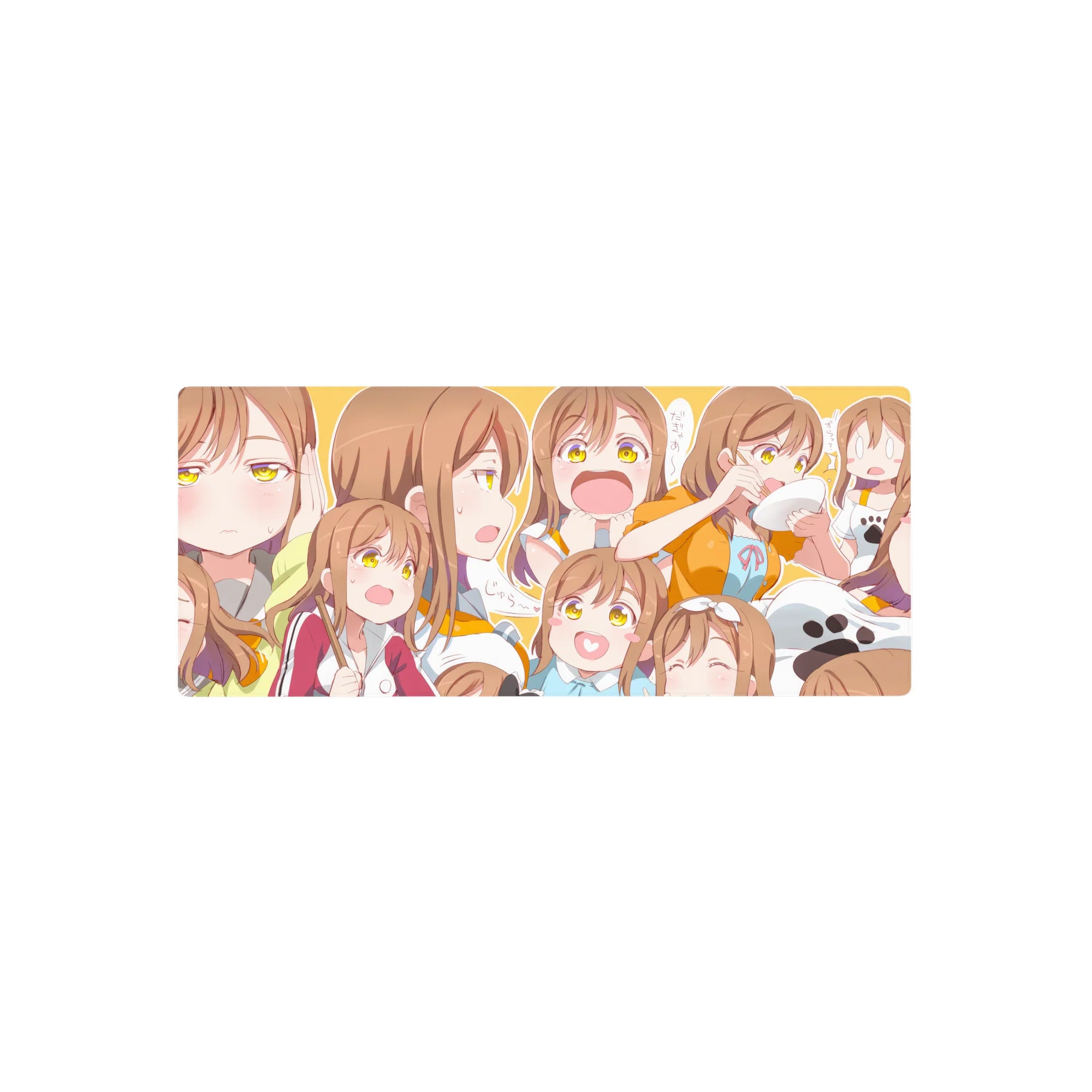 Anime girl mouse pad 28x12 inches with collage of cute expressions, sporty jacket, pastel top, doodles.