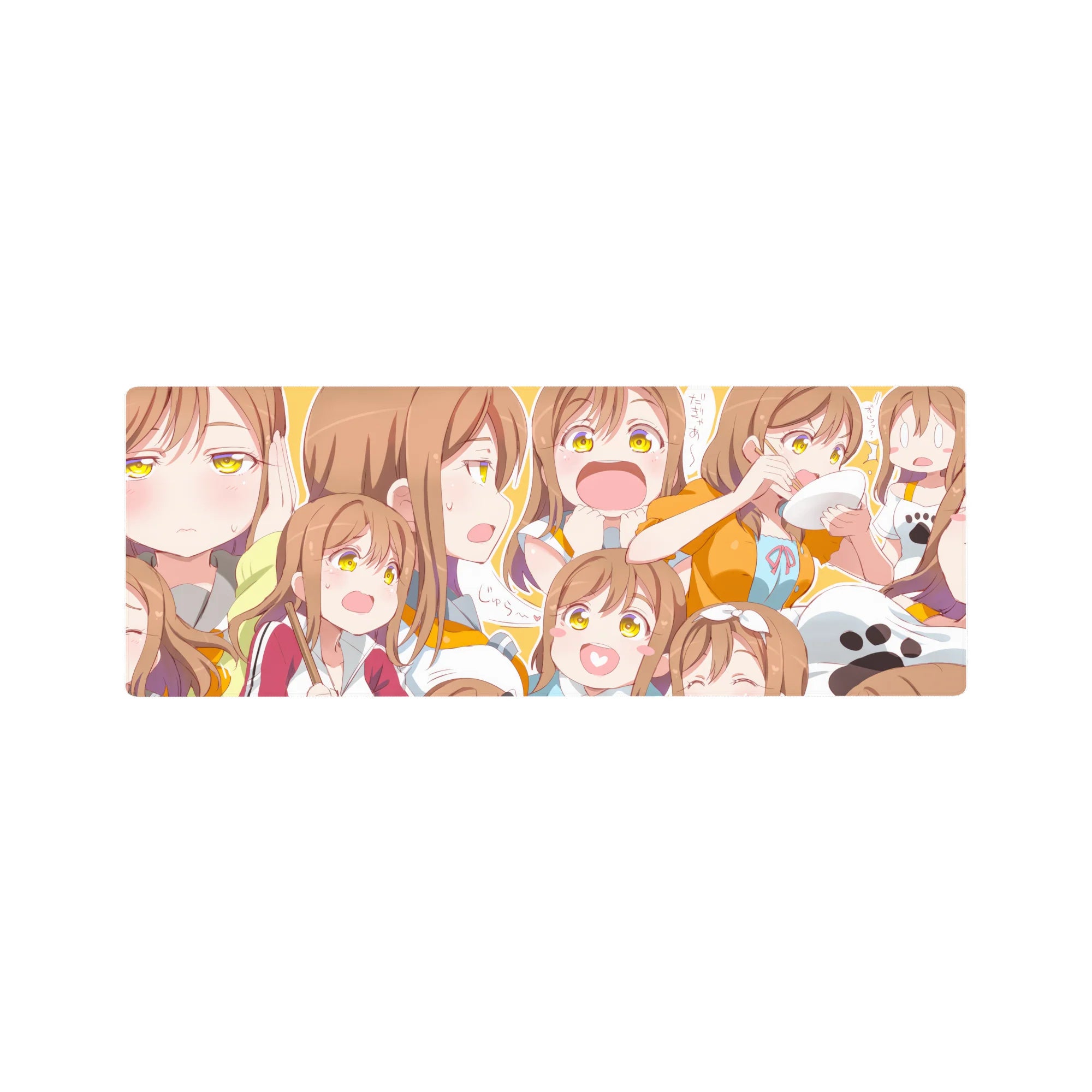 32x12 inches anime girl mouse pad with collage of cute expressions, sporty jacket, clean line art.