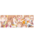 32x12 inches anime girl mouse pad with collage of cute expressions, sporty jacket, clean line art.