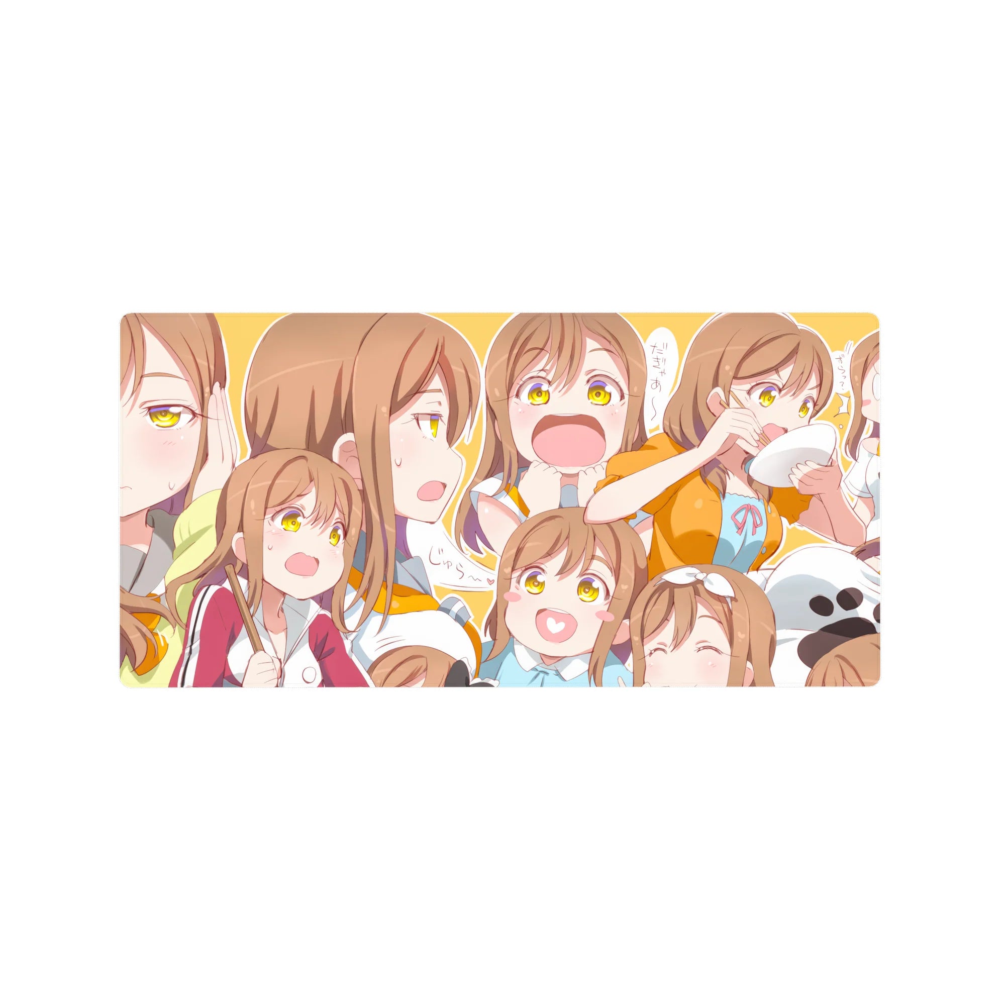 Anime girl mouse pad 32x16 inches with collage of cute expressions, sporty jacket, clean linework.