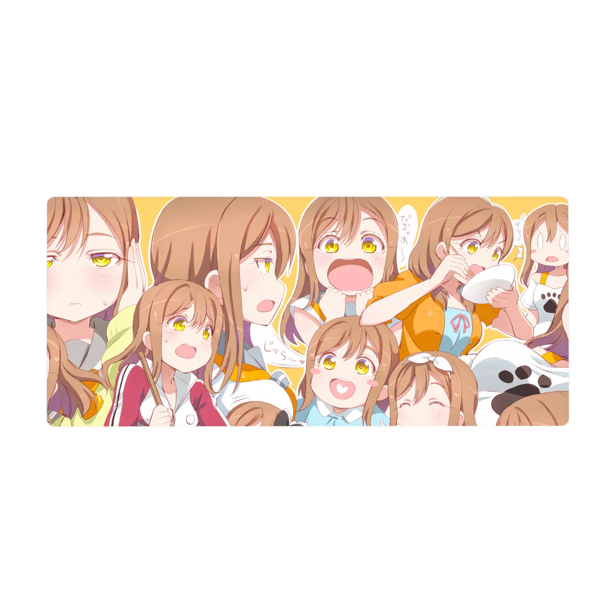 Anime girl desk pad 36x16 inches with collage of cute expressions, sporty jacket, doodle accents.
